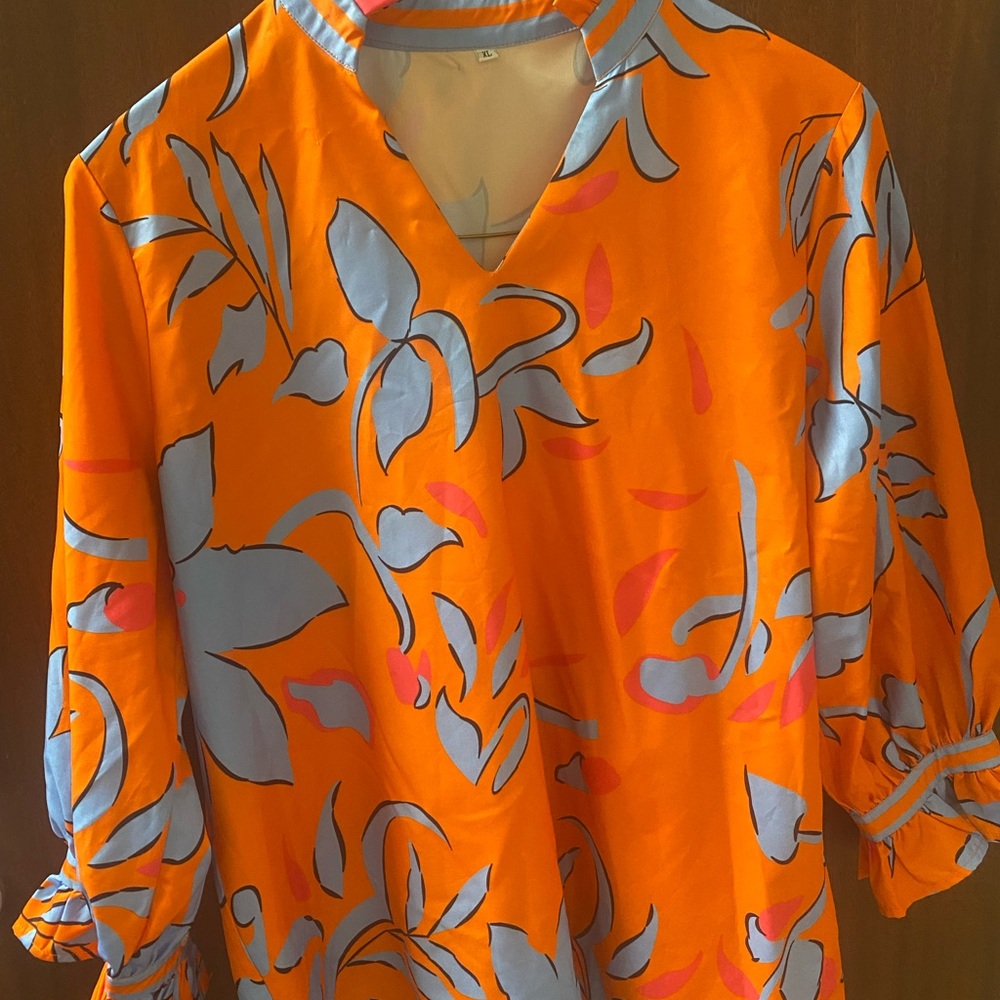 Bright Orange Floral V-Neck Women's Top